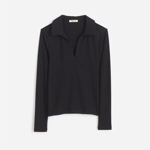 Madewell Womens Drapey Rib Long-Sleeve Polo Top Stretch Black NWT Size XXS NV136